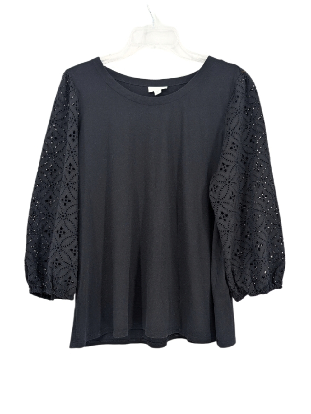 J. Jill Black Eyelet Balloon 3/4 Sleeve Blouse Cotton Blend Spring Minimalist L